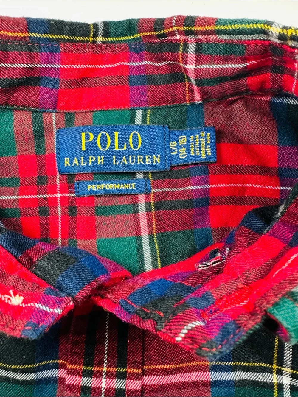 POLO RALPH LAUREN PLAID BUTTON DOWN SHIRT YOUTH LG 14-16 RED GREEN TARTAN PREPPY